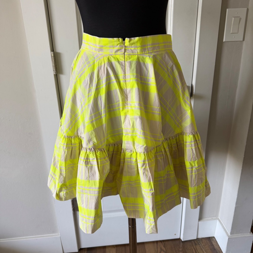 H&M Neon Yellow Plaid Tiered Ruffle Mini Skirt Flared Check Pockets Size 8 - Picture 4 of 11